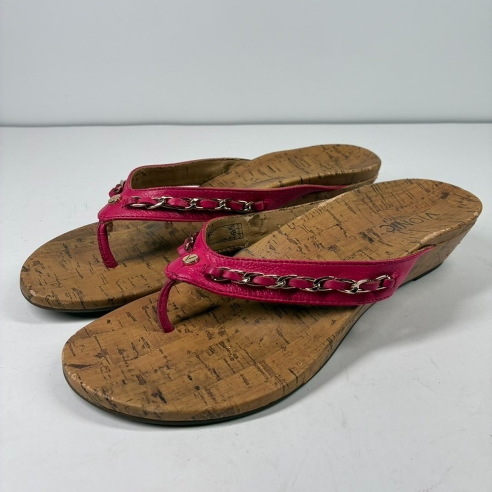 Vionic Aruba Women's US 9 Pink Leather Cork Wedge Orthotic Thong Slide Sandals